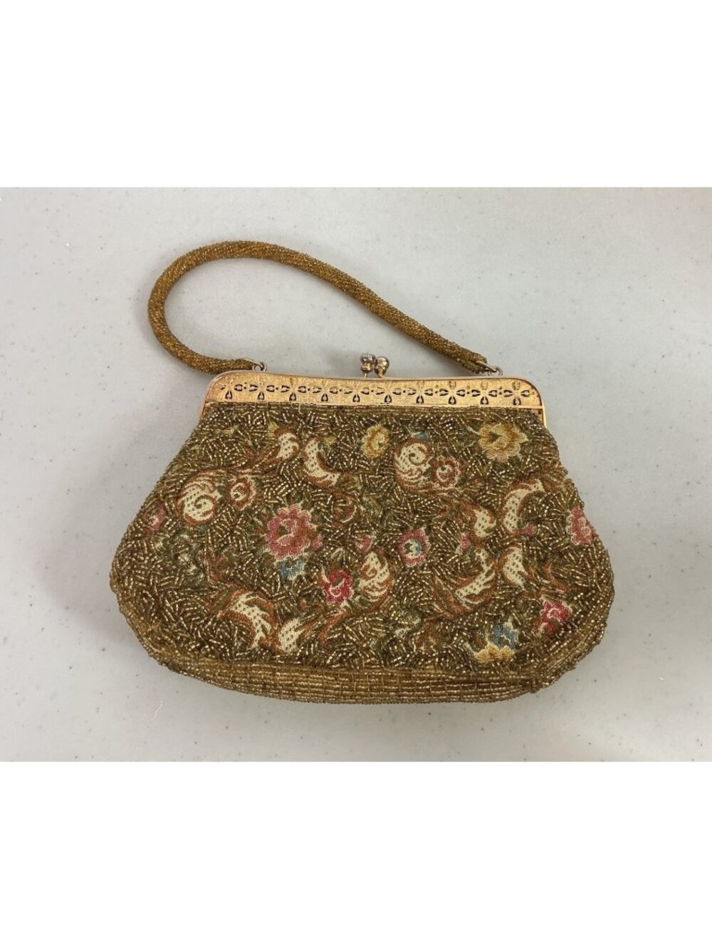 Antique Gold Tone Floral Glass Beaded Purse Floral Tapestry 1940s